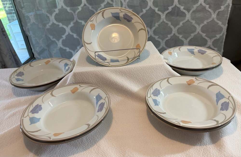 Dansk Tivoli Belles Fleurs Taupe Rimmed Soup Bowls, Set of 10